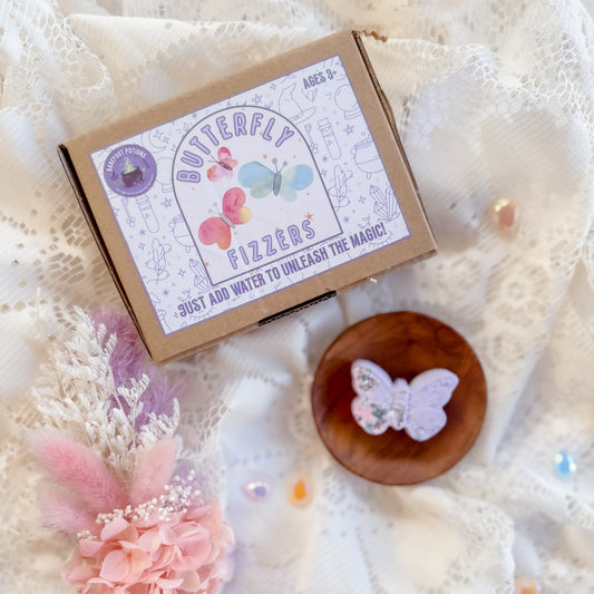 Butterfly fizzers packaging with a butterfly-shaped product on a soft white background, sensory play for kids