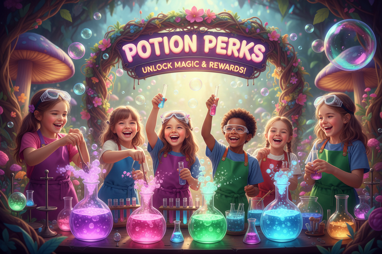 Potion Perks Loyalty Program with magic potion play images with little children lots of fizzy bubbly potion fun 